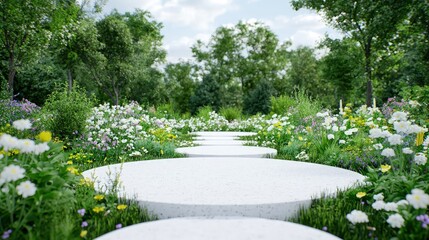 Fototapeta premium White stone path through vibrant blooming wildflowers and lush green trees.