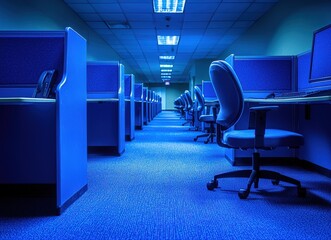 Empty blue office cubicles at night, long corridor perspective, business concept.