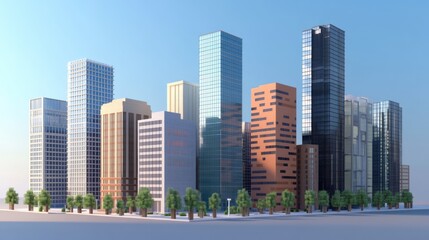 Fototapeta premium Modern skyline featuring diverse architectural designs of skyscrapers with greenery in an urban setting under a clear blue sky.