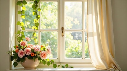 Fototapeta premium Sunlit Windowsill with Peach Roses and Climbing Vines