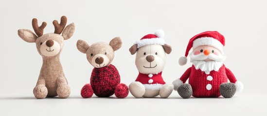 Fototapeta premium Soft toys featuring Christmas themes including a reindeer, dog, Santa, and snowman arranged against a clean white backdrop.