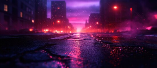 Obraz premium Dramatic urban road scene at dawn showcasing vibrant colors and reflections with a moody atmosphere and cinematic lighting effects.
