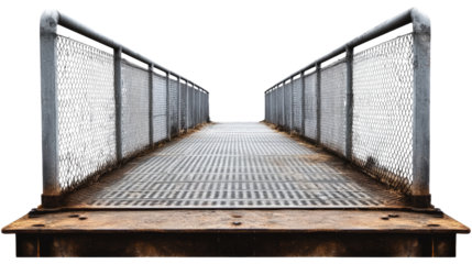 Rustic Metal Bridge: A pathway to the unknown.  A weathered metal bridge with chain link fence, leading to a vanishing point.  A symbol of transition, journey, and industrial architecture. 