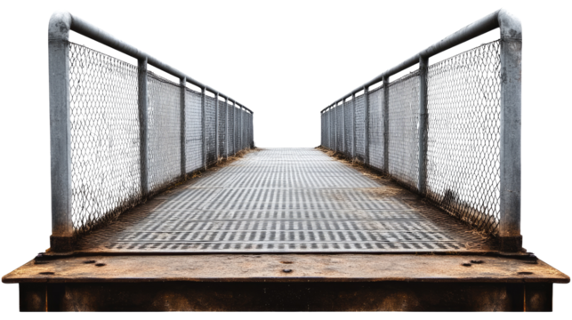 Rustic Metal Bridge: A pathway to the unknown. A weathered metal bridge with chain link fence, leading to a vanishing point. A symbol of transition, journey, and industrial architecture.