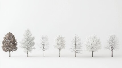 Fototapeta premium Set of trees showcasing seasonal changes against a neutral white background for nature and environmental themes.