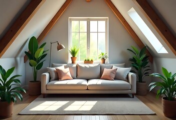 Fototapeta premium Attic Living Room with White Sofa and Plants