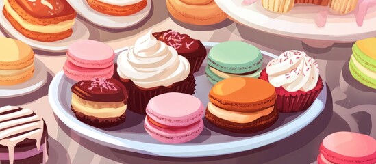 Delicious assortment of colorful macarons and cakes displayed on a buffet table for a festive celebration or event