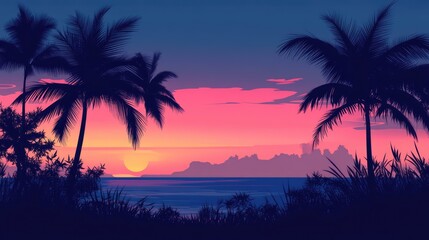 Obraz premium Tropical beach at dusk with vibrant sunset colors and palm tree silhouettes creating a serene coastal atmosphere