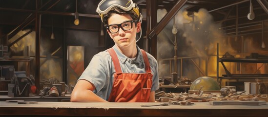 Self assured junior high school boy in shop class wearing goggles with tools and workshop background showcasing creativity and learning.