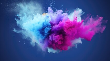 Fototapeta premium Colorful powder explosion creating a vibrant cloud of dust particles in mid-air against a deep blue background for dynamic visuals
