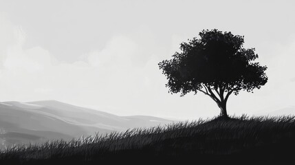 Obraz premium Lonely tree silhouette on a serene hillside against a minimalist landscape in black and white tones