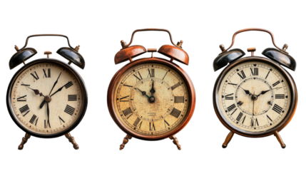Time Flies: A trio of vintage alarm clocks with roman numerals, capturing the essence of time's passage. This image evokes nostalgia and the importance of seizing the moment.