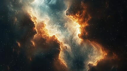 Fototapeta premium Interstellar nebula with cosmic dust and bright stars showcasing colorful gas clouds in deep space environment.