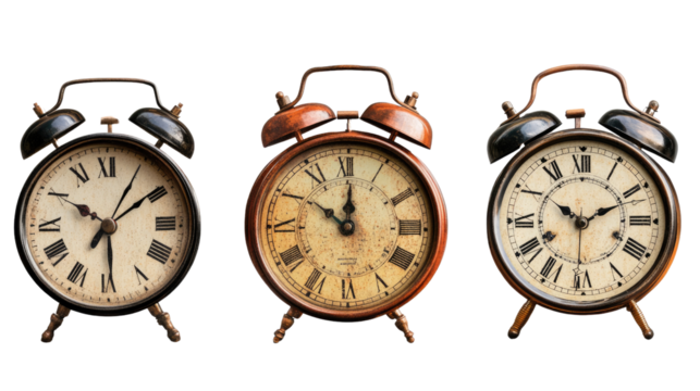 Time Flies: A trio of vintage alarm clocks with roman numerals, capturing the essence of time's passage. This image evokes nostalgia and the importance of seizing the moment.