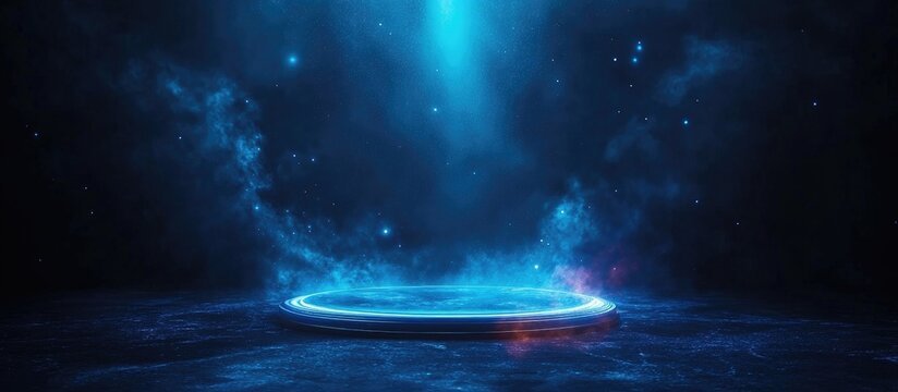 Blue illuminated stage with ethereal lighting effects creating a captivating atmosphere for performances or events showcasing creativity and artistry