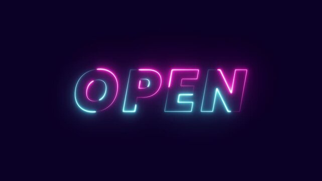 open Neon text advertisement promo animation video with dark background . High-quality 4K footage