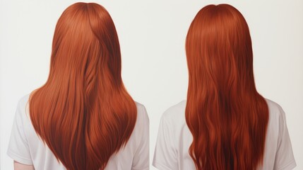 Fototapeta premium Identical women showcasing different hairstyles from front and back perspectives on a white background