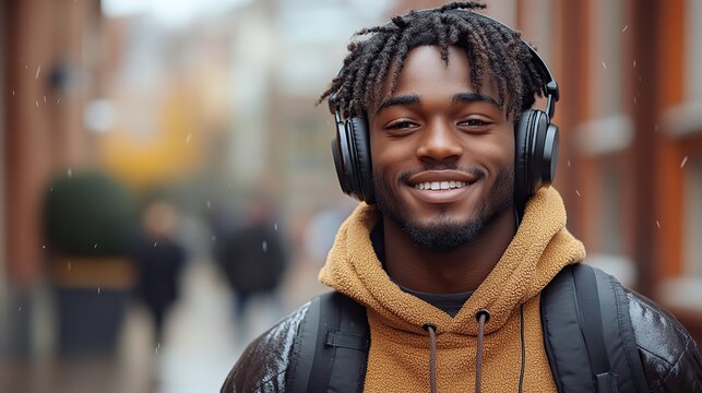 A student with headphones smiles as he walks through a campus corridor, listening to music or a podcast while enjoying his educational journey.