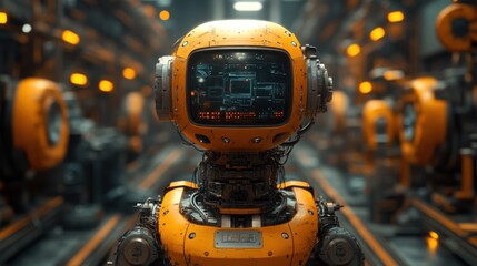 Fototapeta premium Retro-futuristic robot in a tech environment.