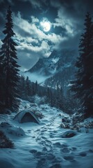 A serene nighttime landscape with a tent in snowy mountains under a full moon, surrounded by tall trees and trails.