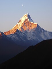 Snow-capped mountain peak glows in sunrise light with a crescent moon overhead, showcasing nature?s serene beauty and grandeur.