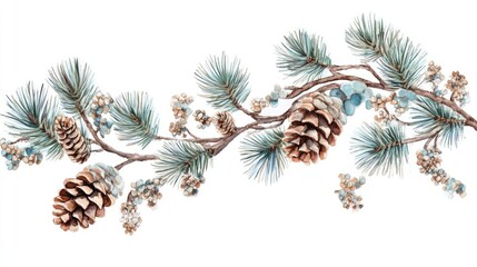 Pine branches with pine cones and berries in a natural arrangement on a white background for seasonal and botanical themes