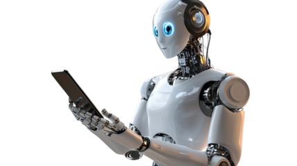 AI Robot Using Smartphone: Futuristic android using a smartphone.  A technological marvel.  The robot's design is sleek and modern, hinting at advanced capabilities.