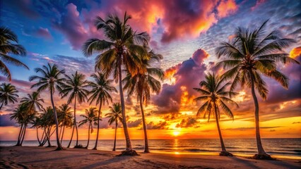 Fototapeta premium Panoramic Sunset Palm Trees Beach Paradise Tropical Landscape Photography
