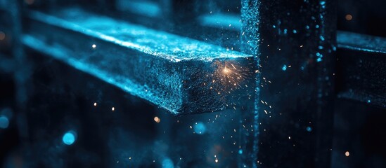 Close up of bolted steel beams with sparks flying during welding process showcasing construction connections and protective gray primer