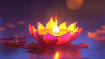 Vibrant Diwali lamp in a lotus shape glowing amidst flower petals creating an enchanting festive atmosphere for celebrations