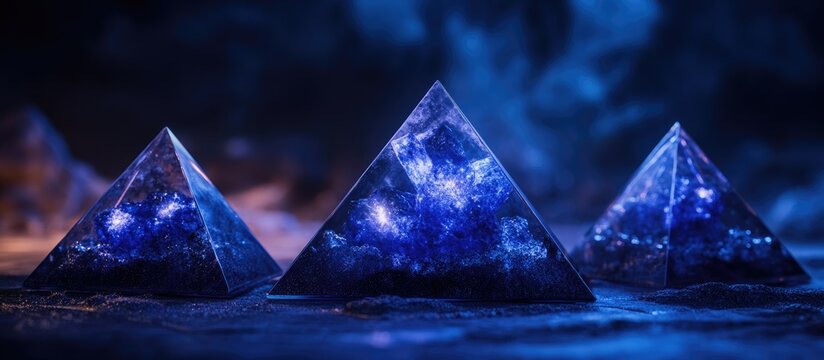 Three blue orgone generator pyramids showcasing energy healing and aesthetic beauty in a mystical setting with a deep blue background.