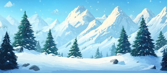 Fototapeta premium Winter landscape of snow-capped mountains with tall fir trees in a serene valley under a clear blue sky and gentle snowfall