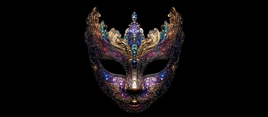 Naklejka premium Mardi Gras mask with intricate details and vibrant colors showcased against a sleek black background