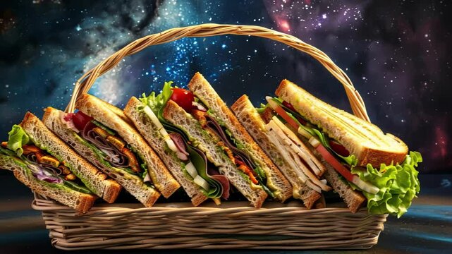 A basket of subatomic sandwiches each named after a different particle like the Positron Pesto Panini or the Quark Quesadilla.