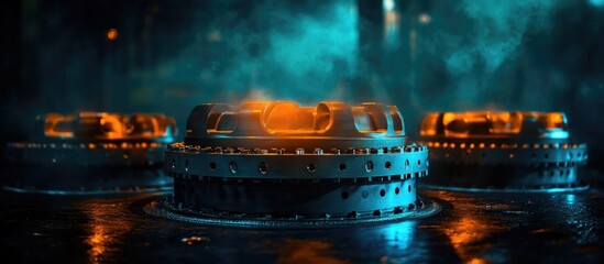 Bowl assembly components of a vertical pump illuminated in a dramatic industrial setting showcasing repair and engineering concepts