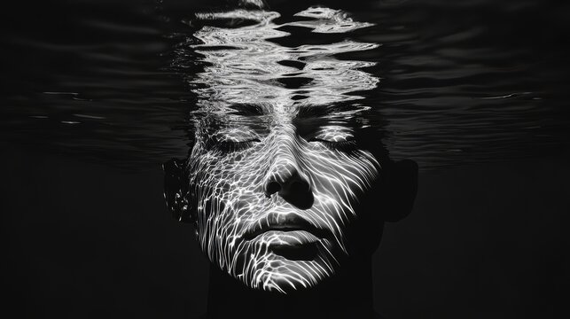 Black and white image of a face submerged in water with intriguing light patterns reflecting across the surface.