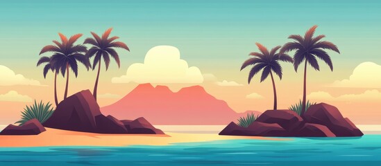 Fototapeta premium Tropical island coastline with palm trees and serene ocean sunrise landscape background illustration