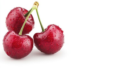 Three ripe red cherries with water drops on white background.