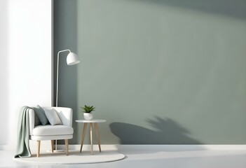 A minimalist living room with a pale green wall, a white sofa, and a small table with a potted plant.