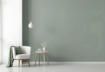 A minimalist living room with a pale green wall, a white sofa, and a small table with a potted plant.