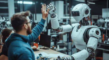 Fototapeta premium Engineer and robot high-fiving in a futuristic workspace