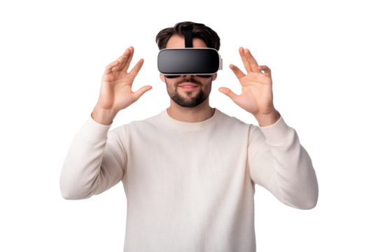 PNG man using VR headset in interactive gesture - Powered by Adobe
