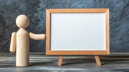 Wooden figure gestures towards empty whiteboard showcasing assets concept for presentations and marketing strategies.