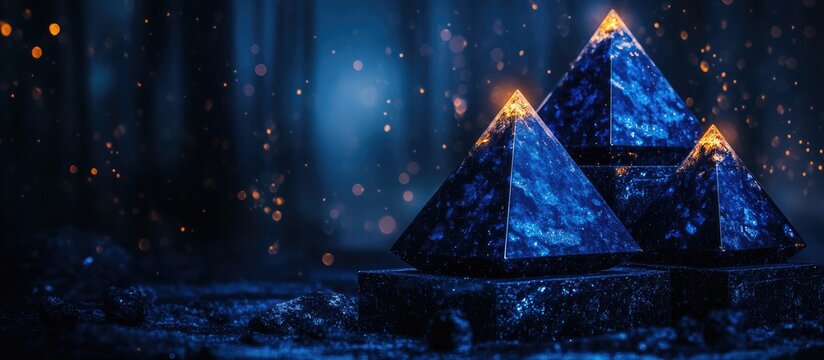 Stunning blue orgone generator pyramids in a mystical setting highlighting energy healing and aesthetic beauty of orgonite craftsmanship