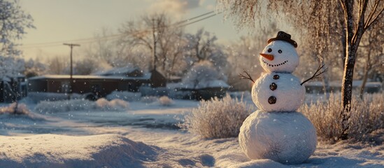 Obraz premium Charming snowman in a winter landscape capturing the joy of snowy outdoor enjoyment under a serene sunlit sky