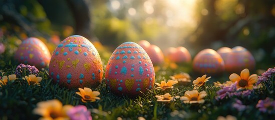 Colorful decorated Easter eggs nestled in a flower-filled meadow with warm sunlight creating a joyful spring atmosphere.