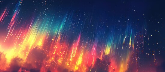 Naklejka premium Vibrant aurora borealis lights illuminating the night sky with colorful streaks and shimmering stars over dark clouds.