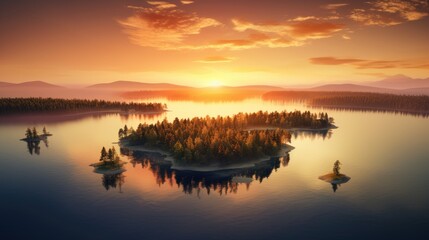 Tranquil aerial view of a scenic lake at sunset with an island surrounded by lush trees and serene waters reflecting golden hues