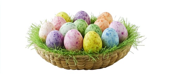 Colorful Easter eggs in a woven basket surrounded by vibrant green artificial grass on a white background