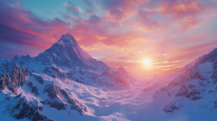 snow covered mountain landscape with shining sun